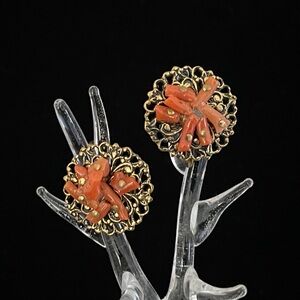 Antique Brass Filigree Coral Earrings.